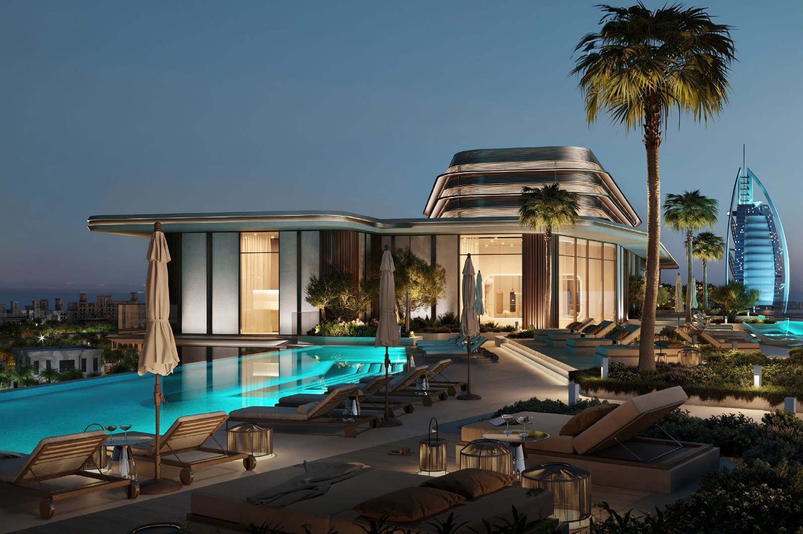 Pool deck at dusk