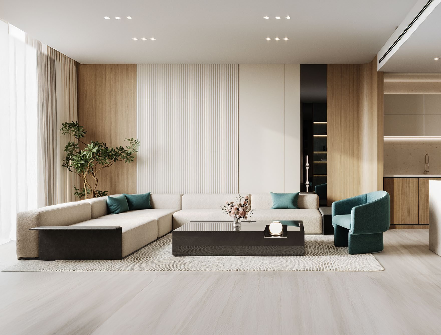 Living space in warm wood and azure tones