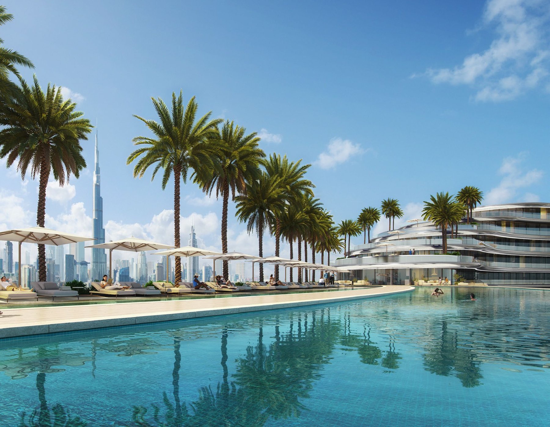 Lagoon pool deck with Burj Khalifa views