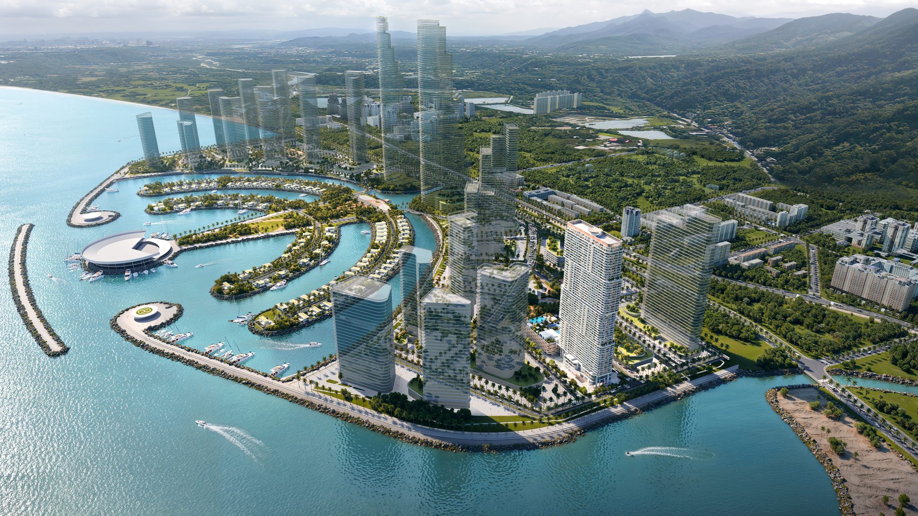 Vue d’ensemble du projet d’île et de ses péninsules — projection HOLM