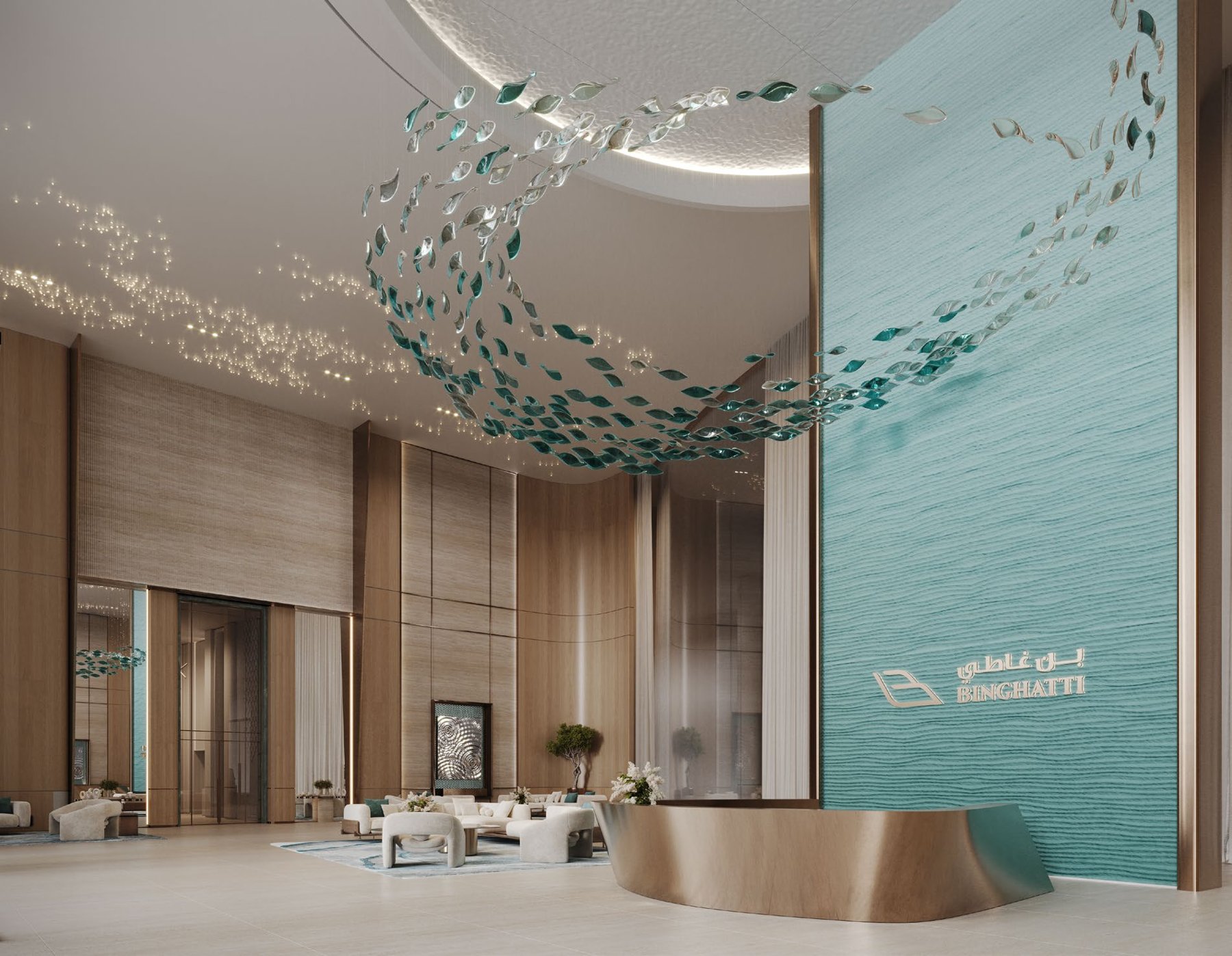 Double-height sculptural lobby