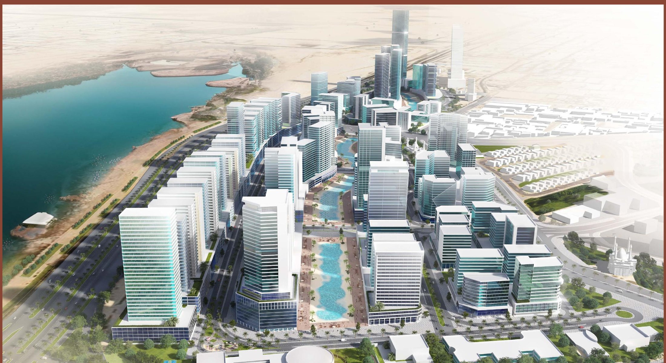 Projection aérienne du futur quartier Meydan Horizon avec lagon et bâtiments